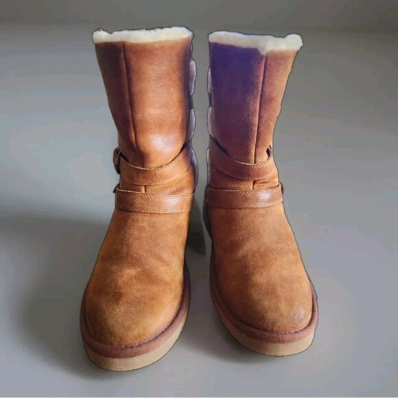 UGG Women size 7 Becket Leather & Shearling Mid-Calf Boots Chestnut Brown - Picture 2 of 6